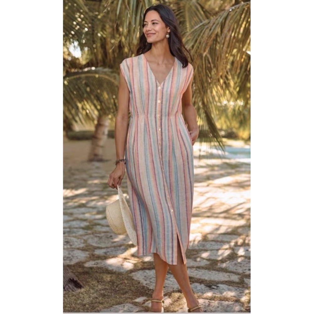 Garnet Hill Linen Pleat-Detail Midi Dress 10 Pastel Stripe Button V-Neck Summer